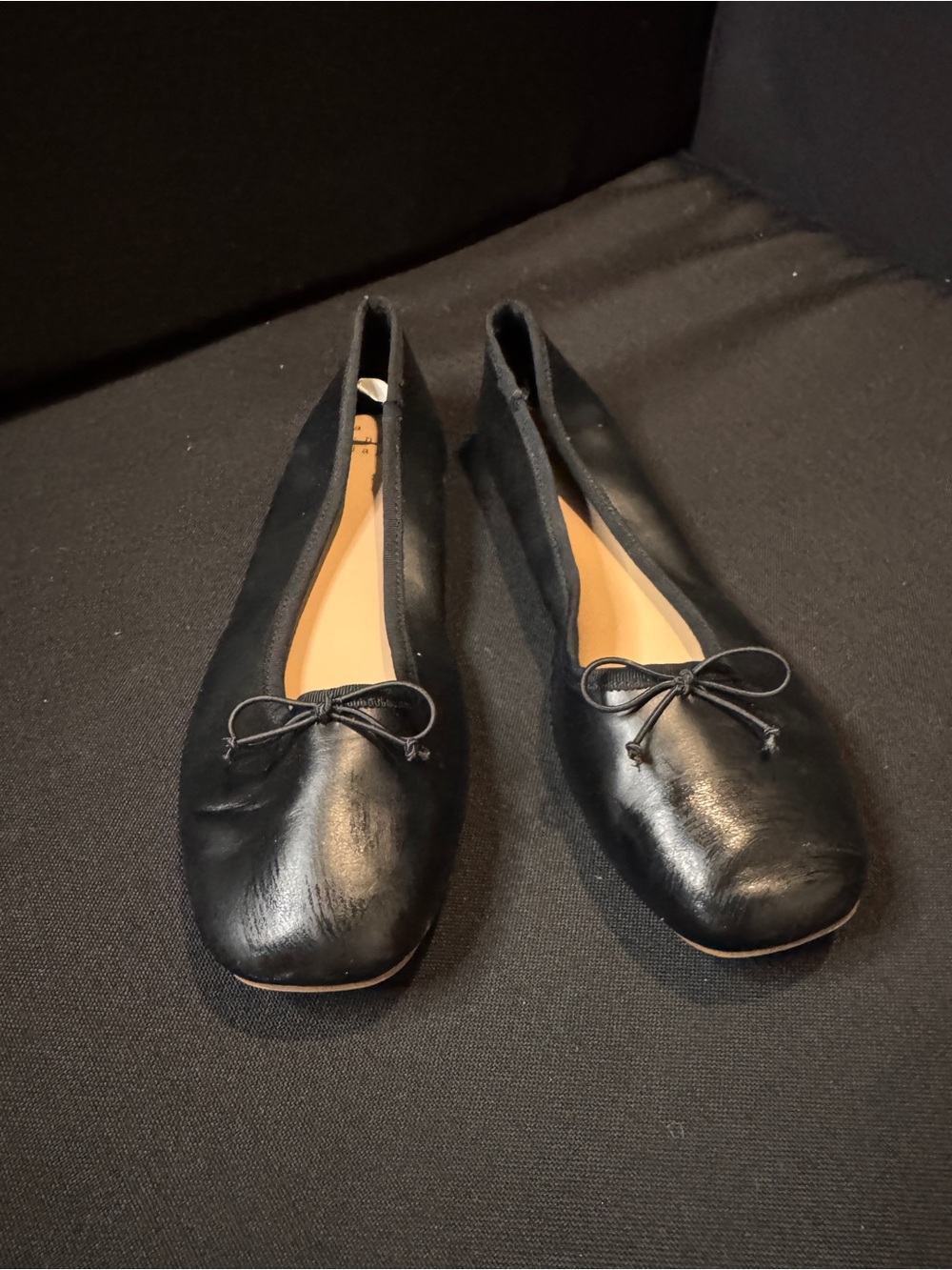 a new day Black Leather Ballet Flats with Bow Detail